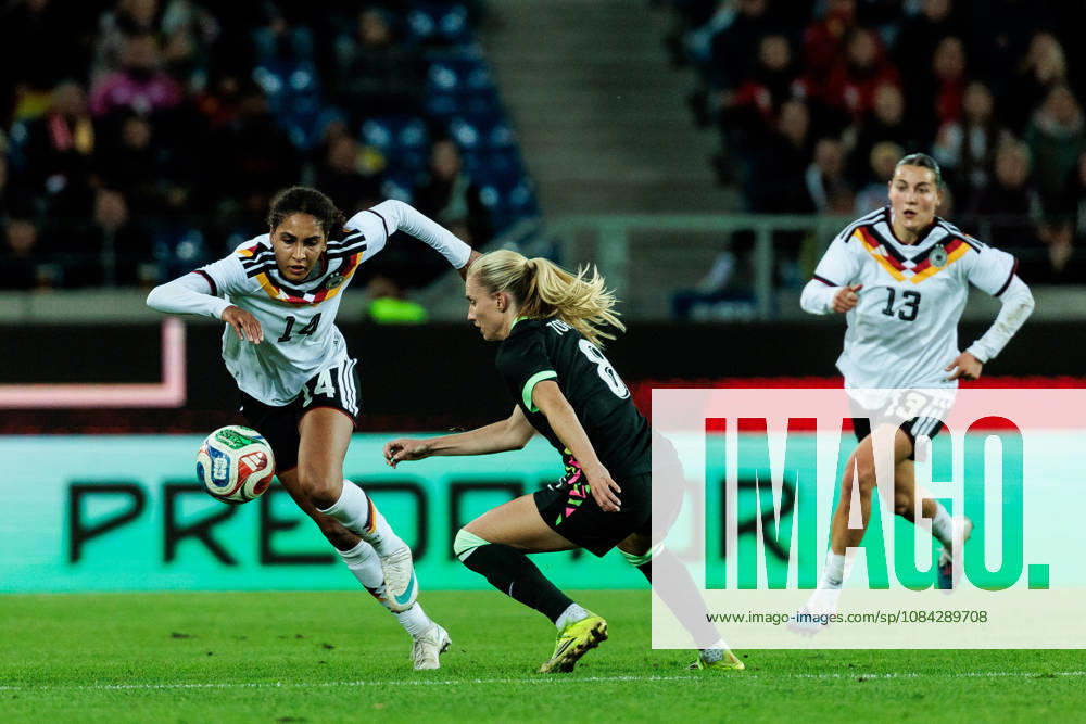Cora Zicai (Germany, 14) controls the ball against Kaitlyn Torpey (Australia, 8) during the International Friendly, Länderspiel, Nationalmannschaft match between Germany vs. Australia at BBBank Wildpark on October 09, 2026 in Karlsruhe, Germany. Germany