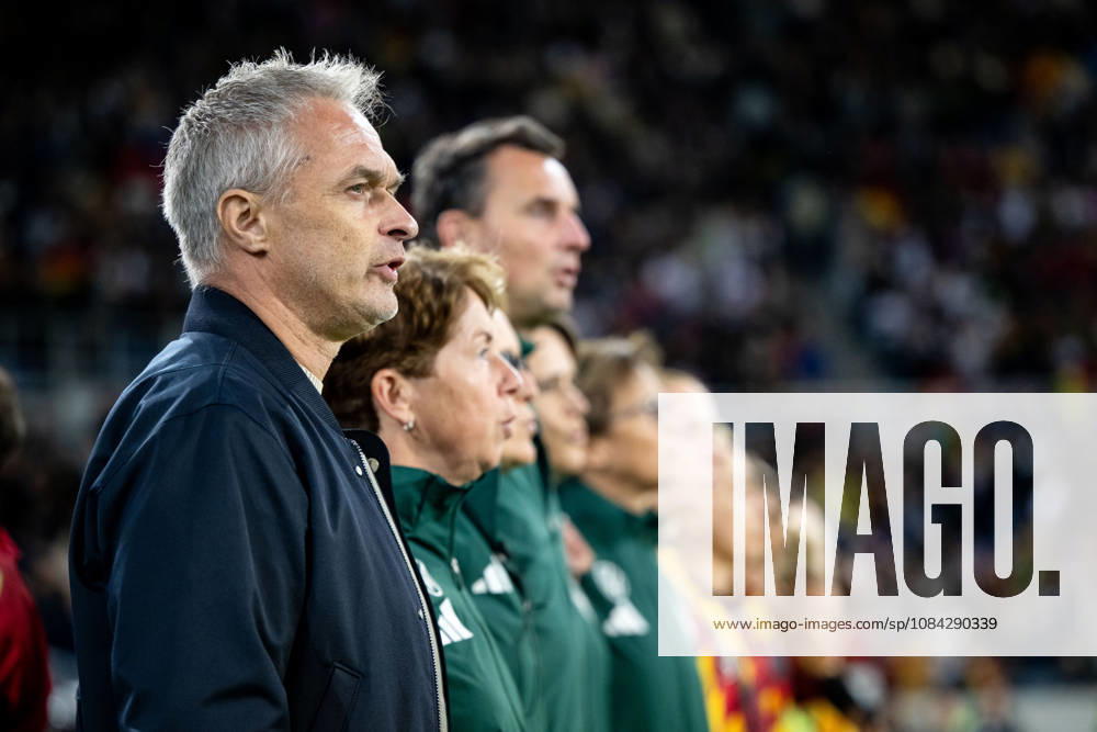 GER, Soccer, Women s, International Match, Karlsruhe, Germany vs. Australia; Christian Wück, Germany s national team coach, during the national anthem; Karlsruhe BBBank Wildpark, Baden-Württemberg, Germany