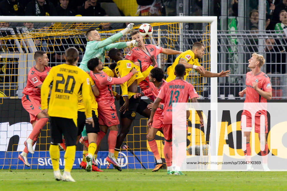 Dortmund, Germany October 9, 2026 Bundesliga 2026–2027 Matchday 5: Borussia Dortmund vs. SV Werder Bremen In the photo: SVW goalkeeper Karl Hein blocks a shot on goal. DFL and DFB regulations prohibit any use of photographs as image sequences and or quasi-video. Signal Iduna Park, North Rhine-Westphalia