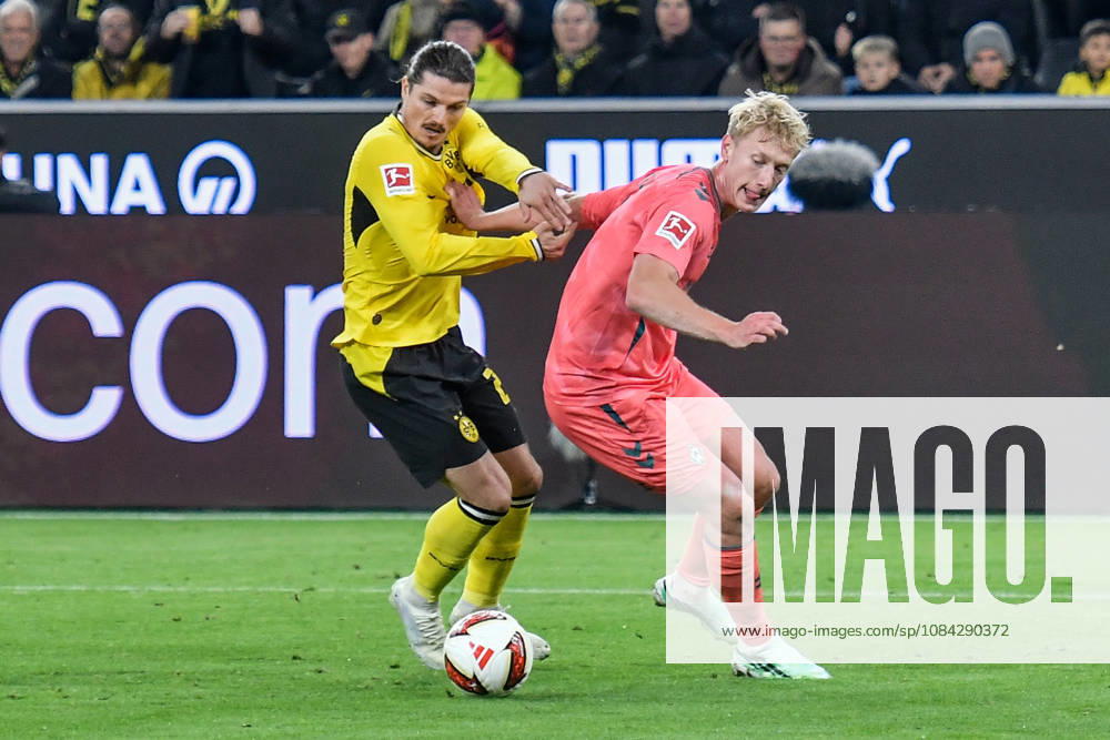 From left: Marcel Sabitzer (Dortmund 20) and Justin Njinmah (Bremen 11) in a one-on-one duel, September 10, 2026 ¢ Soccer ¢ Borussia Dortmund vs. SV Werder Bremen, Signal Iduna Park, Dortmund, DFB DFL REGULATIONS PROHIBIT ANY USE OF PHOTOGRAPHS AS IMAGE SEQUENCES AND OR QUASI-VIDEO NRW Germany