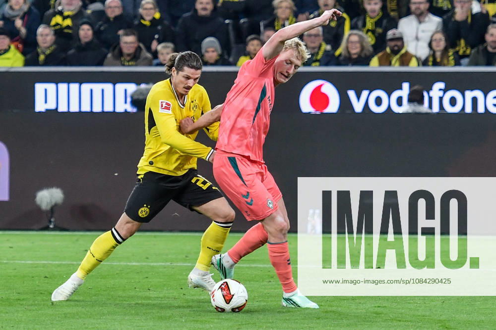From left: Marcel Sabitzer (Dortmund 20) and Justin Njinmah (Bremen 11) in a one-on-one duel, September 10, 2026 ¢ Soccer ¢ Borussia Dortmund vs. SV Werder Bremen, Signal Iduna Park, Dortmund, DFB DFL regulations prohibit any use of photographs as image sequences and or quasi-video NRW Germany