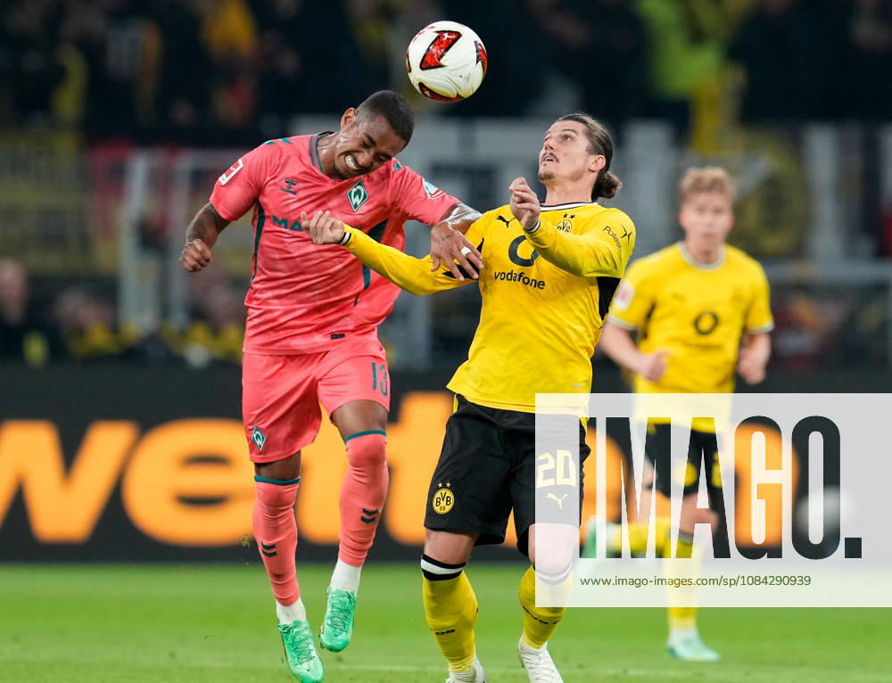 Arthur (SV Werder Bremen), 13, vs. Marcel Sabitzer (Borussia Dortmund), 20, GER, Borussia Dortmund vs. SV Werder Bremen, Bundesliga 1, Matchday 5, 2026–27 season, SIGNAL IDUNA PARK, Dortmund, October 9, 2026 DFL regulations prohibit any use of photographs as image sequences and or quasi-video Borussia Dortmund vs. SV Werder Bremen, 1 Bundesliga, Matchday 5, 2026–27 season, October 9, 2026, Dortmund