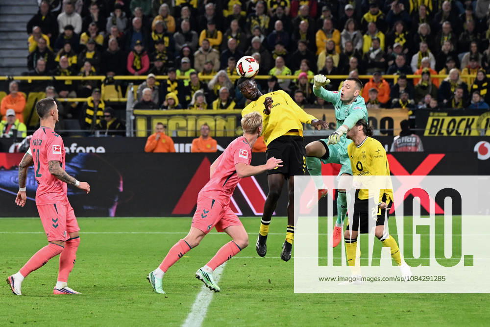 Serhou Guirassy of Borussia Dortmund and goalkeeper Karl Hein of Werder Bremen battle for the ball during the Bundesliga match between Borussia Dortmund and SV Werder Bremen at Signal Iduna Park on October 9, 2026, in Dortmund, Germany. Photo by Ralf Treese, DeFodi Images. Serhou Guirassy of Borussia Dortmund and goalkeeper Karl Hein of Werder Bremen battle for the ball during the Bundesliga match between Borussia Dortmund and SV Werder Bremen at Signal Iduna Park on October 9, 2026 in Dortmund, Germany. Photo by Ralf Treese, DeFodi Images. DFB and DFL regulations prohibit any use of photographs as image sequences and or quasi-video. Photo by Ralf Treese, DeFodi Images