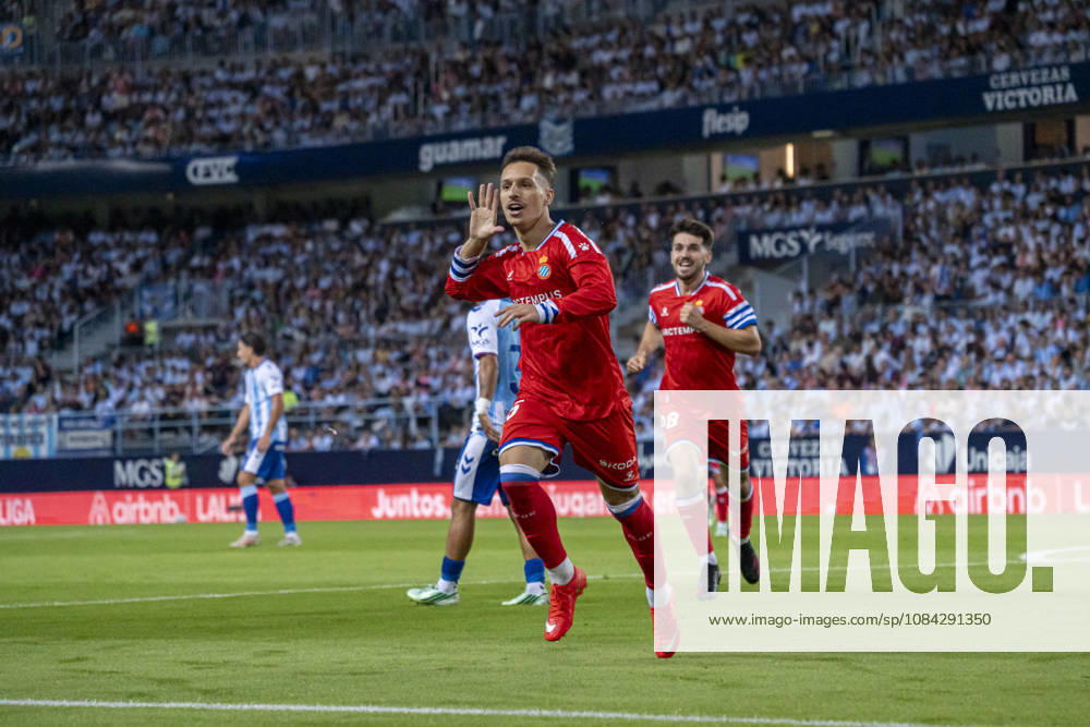 Bryan Zaragoza (N15) celebrating Espanyol’s with his hand on his hear, taunting Malaga fans first goal during La Liga match between Malaga and RCD Espanyol at the Estadio de la Rosaleda on the 9th of October, 2026 in Malaga, Spain