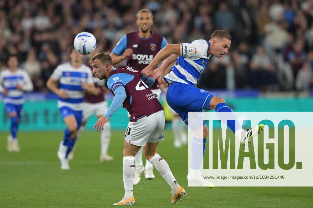 West Ham vs QPR Championship Jarrod Bowen of West Ham United clashes with Boy Kemper of Queens Park Rangers during the West Ham vs Queens Park Rangers, EFL Championship match at the London Stadium Stratford. This image is for . Licence required from the Football DataCo for any other use. London The London Stadium UK