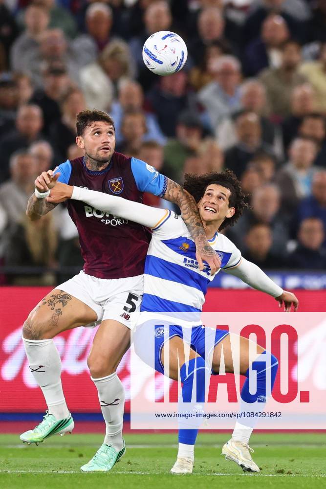 Morato of West Ham United and Rayan Kolli of Queen Park Rangers battle for the ball West Ham United v Queens Park Rangers, EFL Championship, Football, London Stadium, London, UK - 09 Oct 2026London London Stadium United Kingdom