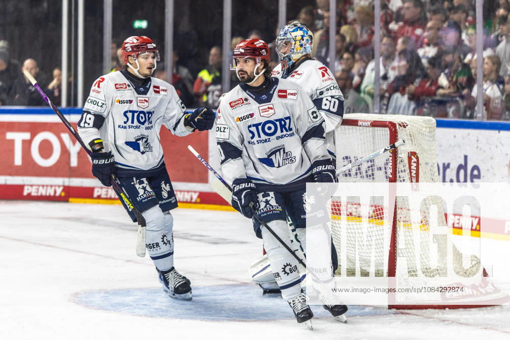 Mirko Hoefflin, Schwenninger Wild Wings, 10; Hakon Haenelt, Schwenninger Wild Wings, 19; and Joacim Eriksson, Schwenninger Wild Wings, 60; Cologne Sharks vs. Schwenninger Wild Wings, Ice Hockey, Penny DEL, Matchday 07, 2026–2027, September 10, 2026 Cologne Sharks vs. Schwenninger Wild Wings, Ice Hockey, Penny DEL, Matchday 07, 2026–2027, September 10, 2026 Cologne
