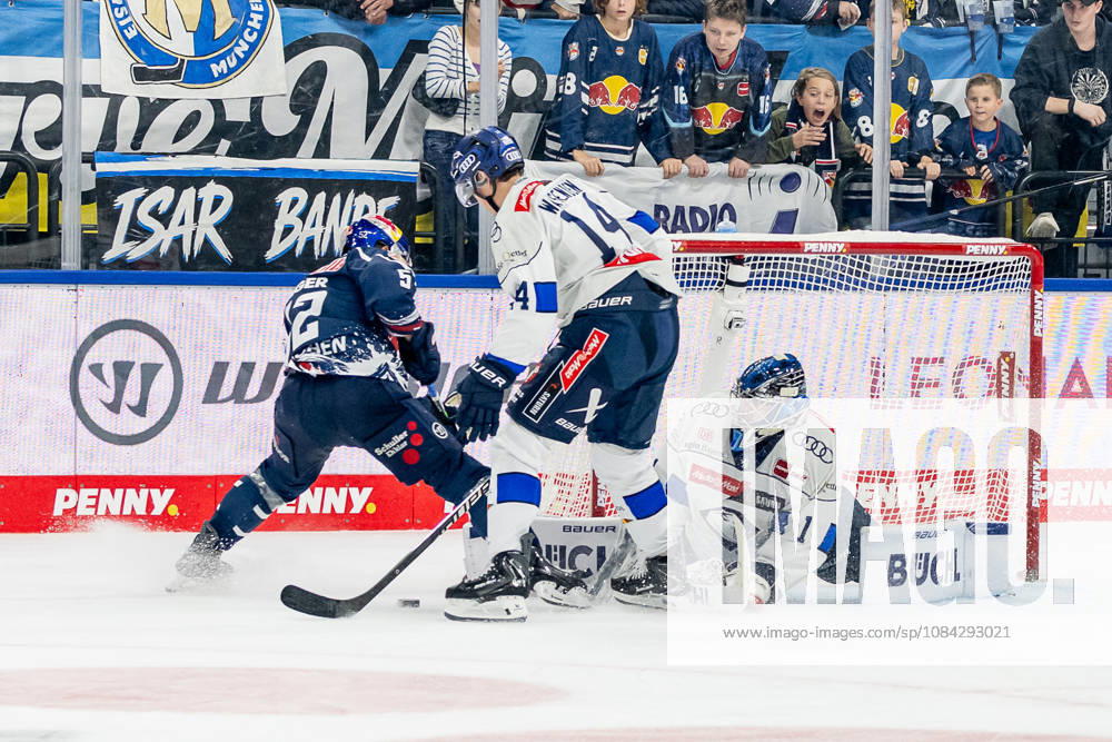 Emil Kvernmo, winger, ERC Ingolstadt, 14, and Jonas Stettmer, goaltender, ERC Ingolstadt, 01, defend against Patrick Hager, EHC Red Bull Munich, 52, GER, EHC Red Bull Munich vs. ERC Ingolstadt, DEL, 2026–2027 season, Matchday 7, October 9, 2026. Photo: HMB Media, Franz Feiner