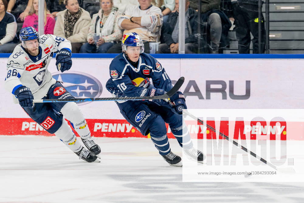 Battle for the Puck: Face-off between Daniel Pietta (ERC Ingolstadt, 86) and Elis Hede (EHC Red Bull Munich, 10 GER), EHC Red Bull Munich vs. ERC Ingolstadt, DEL, 2026–2027 Season, Matchday 7, October 9, 2026 Photo: HMB Media, Franz Feiner