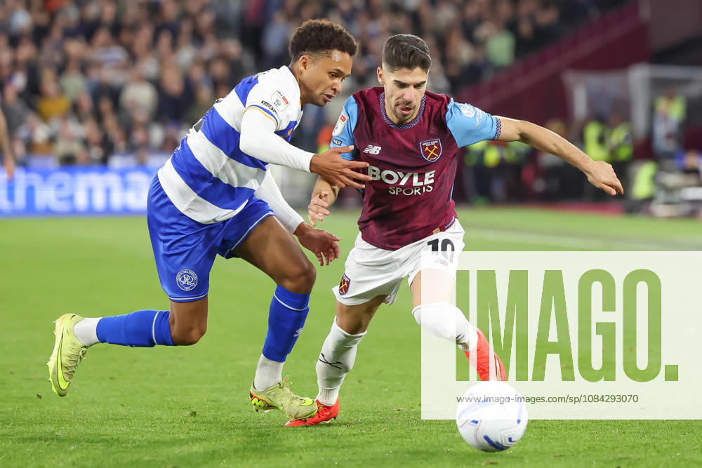 West Ham United v Queens Park Rangers, EFL Sky Bet Championship, EFL, Football, London Stadium, London, UK - 09 Oct 2026 Kealey Adamson of Queens Park Rangers fouls Manor Solomon of West Ham United London London Stadium Stratford GBR, UK NEWSPAPERS OUT