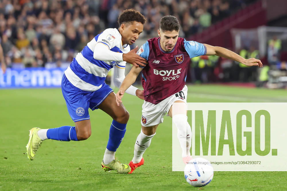 West Ham United v Queens Park Rangers, EFL Sky Bet Championship, EFL, Football, London Stadium, London, UK - 09 Oct 2026 Kealey Adamson of Queens Park Rangers fouls Manor Solomon of West Ham United London London Stadium Stratford GBR, UK NEWSPAPERS OUT