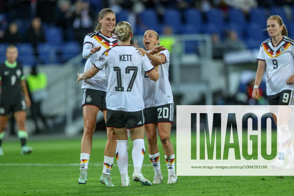 GER, Karlsruhe, Germany vs. Australia, FIFA, DFB, soccer, 2026–2027 season, BBBank Wildpark, friendly match—photo by Franziska Kett: Germany, Women’s National Team, goal, Celebration and Joy, Emotions for Melissa Kössler, Germany Women’s National Team, with Elisa Senß, Germany Women’s National Team, and Jule Brand, Germany Women’s National Team. DFB and DFL regulations prohibit any use of photographs as image sequences and or quasi-video. September 10, 2026
