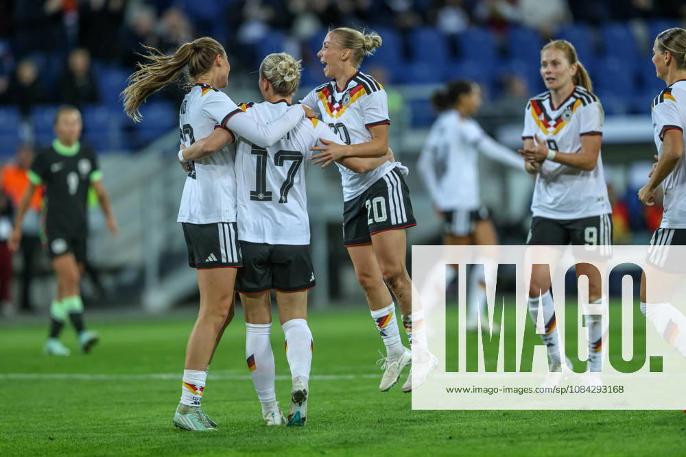GER, Karlsruhe, Germany vs. Australia, FIFA, DFB, soccer, 2026–2027 season, BBBank Wildpark, friendly match—photo by Franziska Kett: Germany, Women’s National Team, goal, Celebration and Joy, Emotions for Melissa Kössler, Germany Women’s National Team, with Elisa Senß, Germany Women’s National Team, and Jule Brand, Germany Women’s National Team. DFB and DFL regulations prohibit any use of photographs as image sequences and or quasi-video. September 10, 2026