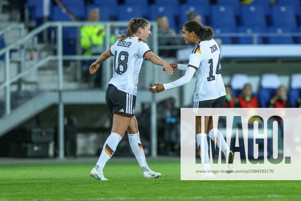 GER, Karlsruhe, Germany vs. Australia, FIFA, DFB, Soccer, 2026–2027 Season, BBBank Wildpark, Friendly Match: Melissa Kössler of Germany’s Women’s National Team Scores the 2–0 Goal, Celebration and joy, emotions with Cora Zicai, Germany Women’s National Team. DFB and DFL regulations prohibit any use of photographs as image sequences and or quasi-video. October 9, 2026