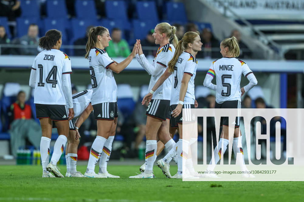 GER, Karlsruhe, Germany vs. Australia, FIFA, DFB, soccer, 2026–2027 season, BBBank Wildpark, friendly match: Melissa Kössler of Germany’s women’s national team scores the 2–0 goal, Celebration and joy, emotions with Cora Zicai, Germany Women’s National Team. DFB and DFL regulations prohibit any use of photographs as image sequences and or quasi-video. October 9, 2026