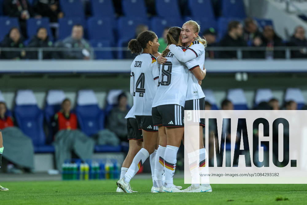 GER, Karlsruhe, Germany vs. Australia, FIFA, DFB, soccer, 2026–2027 season, BBBank Wildpark, friendly match: Melissa Kössler of Germany’s women’s national team scores the 2–0 goal, Celebration and joy, emotions with Cora Zicai of Germany’s Women’s National Team and Camilla Küver of Germany’s Women’s National Team. DFB and DFL regulations prohibit any use of photographs as image sequences and or quasi-video