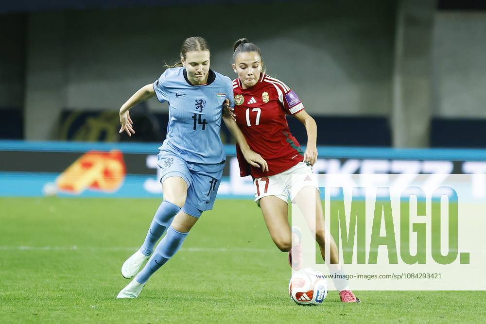 , Pancho Arena, season 2026 2027 , UEFA worldcup qualification football play-offs round 1 , match between Hungary and The Netherlands (women) 1st leg final score 0-8. Pictures shows Netherlands player Lotte Keukelaar and Hungary player Borbala Vincze Hungary - Netherlands (women) x208081329x