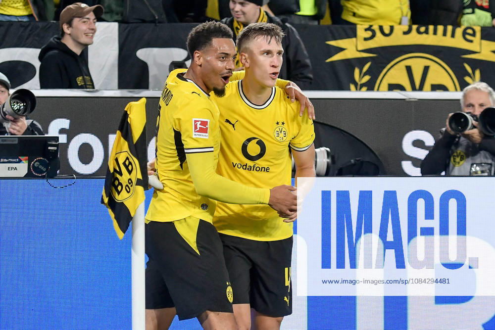 Nico Schlotterbeck (Dortmund 4) celebrates with Felix Nmecha (Dortmund 8) after scoring the goal that made it 2–0 on September 10, 2026 ¢ Soccer ¢ Borussia Dortmund vs. SV Werder Bremen, Signal Iduna Park, Dortmund, DFB and DFL regulations prohibit any use of photographs as image sequences and or quasi-video. NRW, Germany