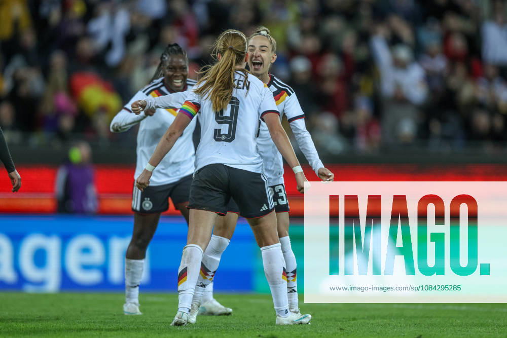 GER, Karlsruhe, Germany vs. Australia, FIFA, DFB, Soccer, 2026–2027 Season, BBBank Wildpark, Friendly Match: Sjoeke Nüsken (Germany), Women’s National Team, Goal, Celebration and Joy, Emotions with Nicole Anyomi (Germany Women’s National Team) and Sophia Kleinherne (Germany Women’s National Team). DFB and DFL regulations prohibit any use of photographs as image sequences and or quasi-video. October 9, 2026