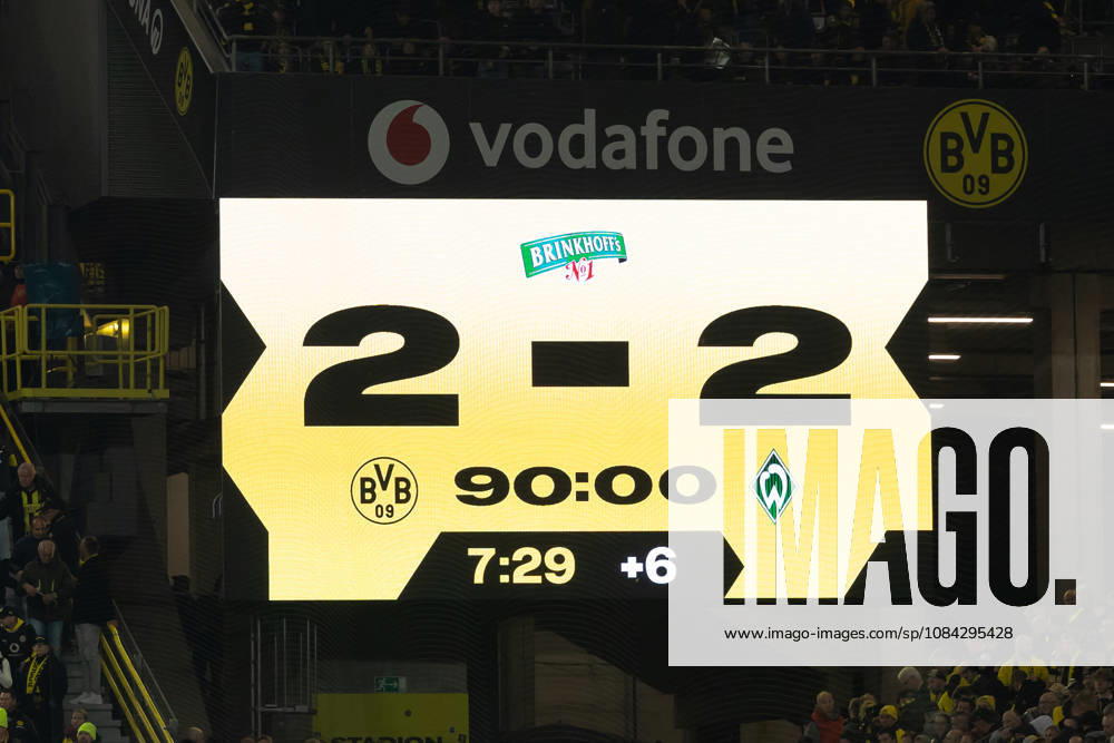 Dortmund, Germany October 9, 2026 Bundesliga 2026–2027 Matchday 5 Borussia Dortmund vs. SV Werder Bremen Pictured: The scoreboard and video screen displaying the official final score: Borussia Dortmund 2–2 Werder Bremen. DFL and DFB regulations prohibit any use of photographs as image sequences or or quasi-video. Signal Iduna Park, North Rhine-Westphalia
