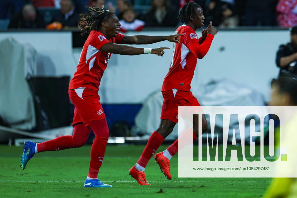 Winsley Boteli Mokango (19, Switzerland, l.) and Johan Manzambi (9, Switzerland) during the UEFA Nations League match between Switzerland and North Macedonia at thermoplan arena on October 6, 2026 in Lucerne, Switzerland.