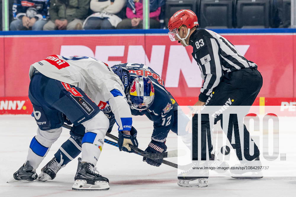 Linesman David Tschirner officiates a faceoff between Myles Powell of ERC Ingolstadt, No. 09, and Brady Ferguson of EHC Red Bull Munich, No. 12, GER; EHC Red Bull Munich vs. ERC Ingolstadt, DEL, 2026–2027 season, Matchday 7, October 9, 2026 Photo: HMB Media, Franz Feiner