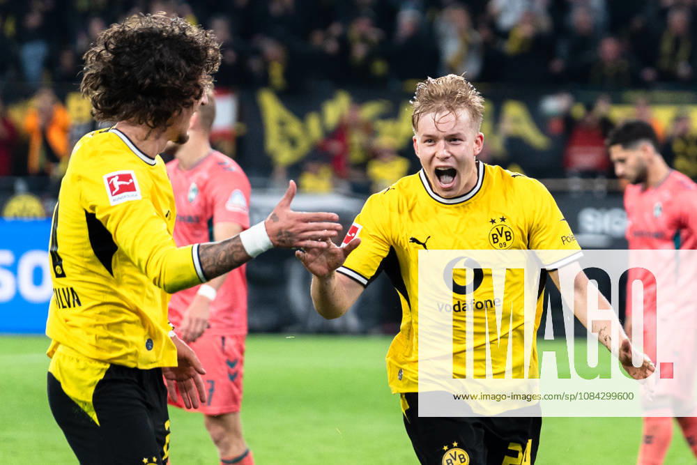 Germany 1 Bundesliga 2026–2027, Matchday 5: Borussia Dortmund vs. Werder Bremen, October 9, 2026, Signal Iduna Park, North Rhine-Westphalia; 1–0 goal by Daniel Svensson (Borussia Dortmund, 24); celebration, joy, emotions, goal celebration by Fabio Silva (Borussia Dortmund, 21)