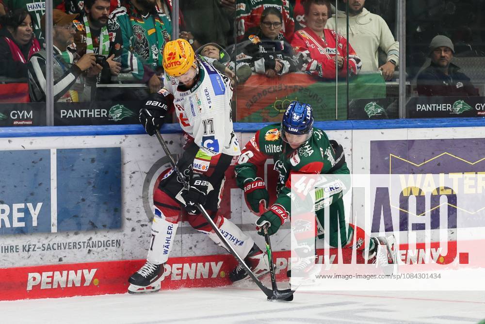 One-on-one, action, with Ludwig Bystroem, Fischtown Pinguins 17, Moritz Elias 46, Augsburger Panther, Augsburger Panther vs. Fischtown Pinguins, Matchday 7, Ice Hockey, Penny DEL, October 9, 2026, Augsburg, Bavaria, Germany