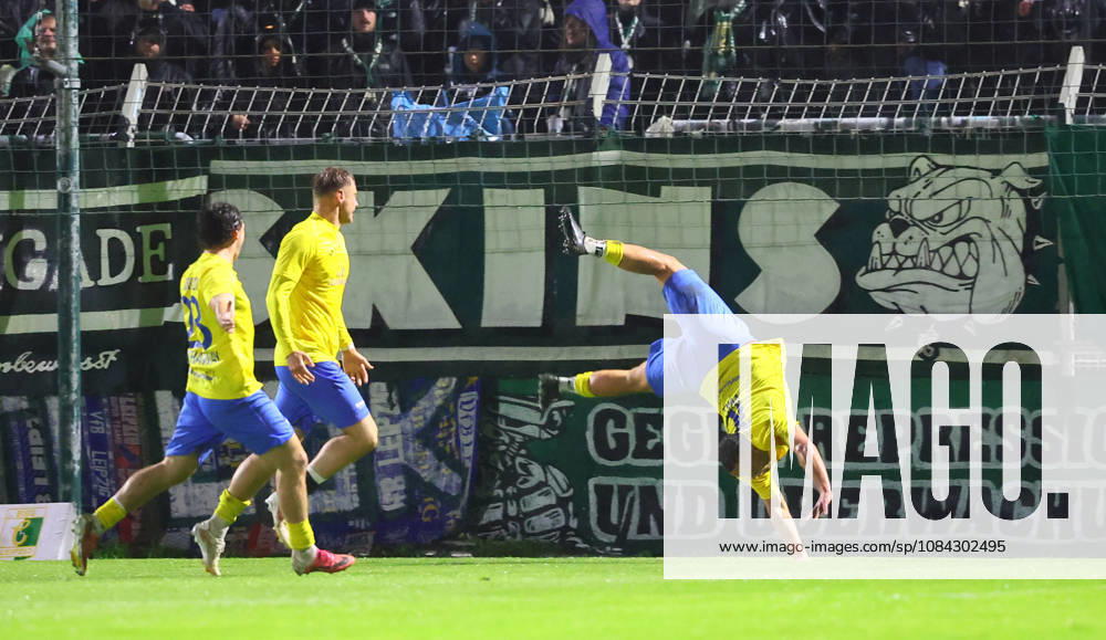 Leipzig, October 9, 2026, Alfred Kunze Sportpark, Soccer, Regionalliga NO, Matchday 12, BSG Chemie Leipzig vs. FSV 63 Luckenwalde, Goal for Luckenwalde, 0–1. Pictured: Goal scorer Lucas Will (No. 10), Luckenwalde, celebrating the goal,
