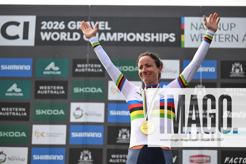 2026 UCI Gravel World Championships Picture by Zac Williams SWpix.com - 10 10 2026 - Cycling - 2026 UCI Gravel World Championships - Nannup, Western Australia, Australia - Womens Elite Podium - Marianne Vos (Netherlands) wins the Gold Medal to become World Champion