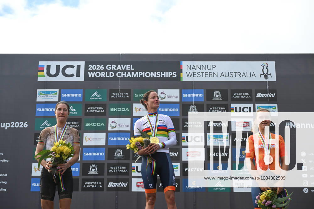 2026 UCI Gravel World Championships Picture by Zac Williams SWpix.com - 10 10 2026 - Cycling - 2026 UCI Gravel World Championships - Nannup, Western Australia, Australia - Womens Elite Podium - Marianne Vos (Netherlands) wins the Gold Medal to become World Champion with Rosa Klöser (Germany) receiving the Silver Medal and Larissa Hartog (Netherlands) receiving the Bronze Medal