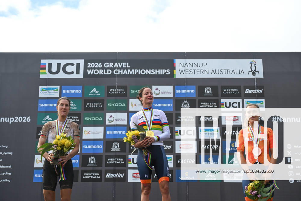 2026 UCI Gravel World Championships Picture by Zac Williams SWpix.com - 10 10 2026 - Cycling - 2026 UCI Gravel World Championships - Nannup, Western Australia, Australia - Womens Elite Podium - Marianne Vos (Netherlands) wins the Gold Medal to become World Champion with Rosa Klöser (Germany) receiving the Silver Medal and Larissa Hartog (Netherlands) receiving the Bronze Medal