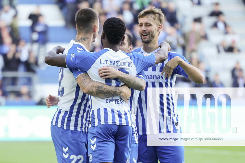 Moritz Broni Kwarteng of 1 FC Magdeburg celebrates his goal with his teammates during the 2. Bundesliga match between 1 FC Magdeburg and Hannover 96 at Avnet Arena on October 10, 2026, in Magdeburg, Germany. Photo by Marco Steinbrenner, DeFodi Images. Moritz Broni Kwarteng of 1 FC Magdeburg celebrates his goal with teammates during the 2nd Bundesliga match between 1 FC Magdeburg and Hannover 96 at Avnet Arena on October 10, 2026 in Magdeburg, Germany. Photo by Marco Steinbrenner, DeFodi Images. DFB and DFL regulations prohibit any use of photographs as image sequences and or quasi-video. Photo by Marco Steinbrenner, DeFodi Images.