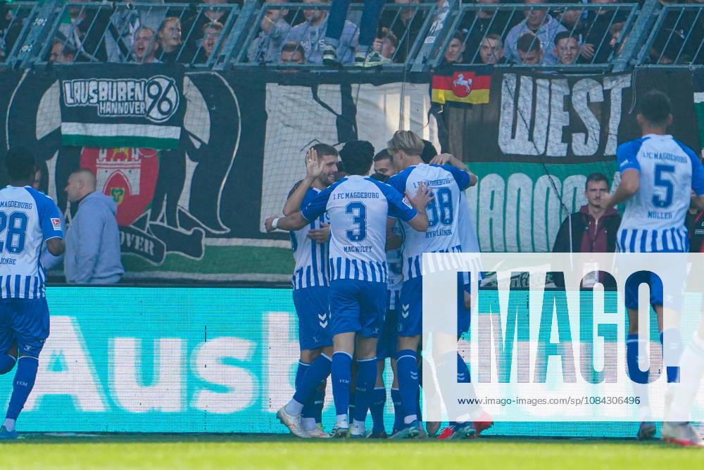 Germany Soccer 2. Bundesliga 2026–2027, Matchday 7: 1. FC Magdeburg vs. Hannover 96 at Avnet Arena Magdeburg—Goal and goal celebration by Moritz Kwarteng of 1. FC Magdeburg, 10 Anselmo Garcia MacNulty of 1. FC Magdeburg, 3 Luka Hyryläinen, Luka Hyryläinen, 1 FC Magdeburg; 38 Tobias Müller, Tobias Müller, 1 FC Magdeburg; 5