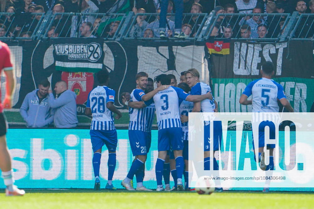 Germany Soccer 2. Bundesliga 2026–2027, Matchday 7: 1. FC Magdeburg vs. Hannover 96 at Avnet Arena Magdeburg—Goal and goal celebration by Moritz Kwarteng of 1. FC Magdeburg, 10 Anselmo Garcia MacNulty of 1. FC Magdeburg, 3 Luka Hyryläinen, Luka Hyryläinen, 1 FC Magdeburg; 38 Tobias Müller, Tobias Müller, 1 FC Magdeburg; 5