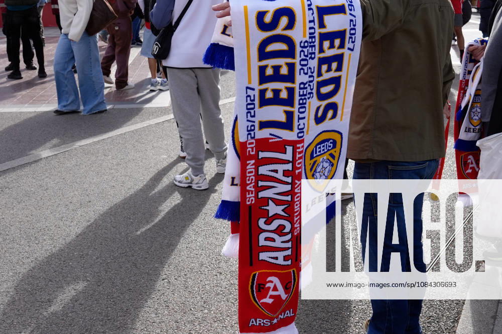 10th October 2026; Emirates Stadium, London, England; Premier League Football, Arsenal versus Leeds United; A general view of half and half scarves on sale prior to the kick-off TomxMajor