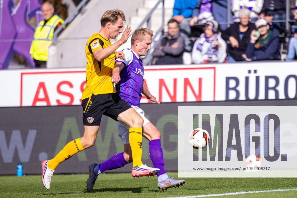 L R Vincent Vermeij (SG Dynamo Dresden, 09) in a tackle with Niklas Wiemann (VfL Osnabrück, 25, GER), VfL Osnabrück vs. SG Dynamo Dresden, Soccer, 2. Bundesliga, Matchday 7, 2026–2027 season, October 10, 2026 DFL regulations prohibit any use of photographs as image sequences and or quasi-video GER, VfL Osnabrück vs. SG Dynamo Dresden, soccer, 2. Bundesliga, Matchday 7, 2026–2027 season, October 10, 2026, Osnabrück