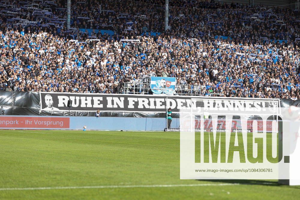 soccer, 2. Bundesliga, 1. FC Magdeburg vs. Hannover 96 – stock photo, stock image, stock photo of fans, spectators, audience, Stadium choreography, Rest in Peace, Hannes Magdeburg