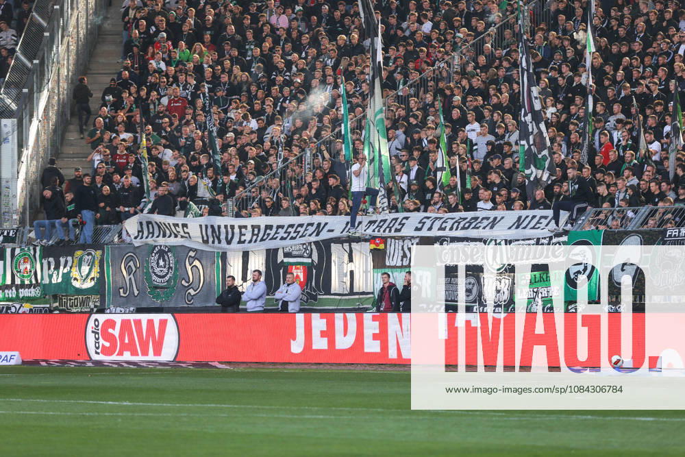 Soccer, 2. Bundesliga, 1 FC Magdeburg vs. Hannover 96 – Stock photo, stock image, stock photo of fans, spectators, audience, stands, banner, Hannes, we’ll never forget you. DFL DFB REGULATIONS PROHIBIT ANY USE OF PHOTOGRAPHS AS IMAGE SEQUENCES AND OR QUASI-VIDEO. Magdeburg