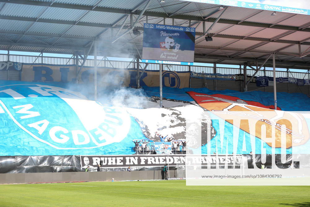 soccer, 2. Bundesliga, 1. FC Magdeburg vs. Hannover 96 – stock photo, stock image, stock photo of fans, spectators, audience, Stadium choreography, Rest in Peace, Hannes DFL DFB REGULATIONS PROHIBIT ANY USE OF PHOTOGRAPHS AS IMAGE SEQUENCES AND OR QUASI-VIDEO Magdeburg