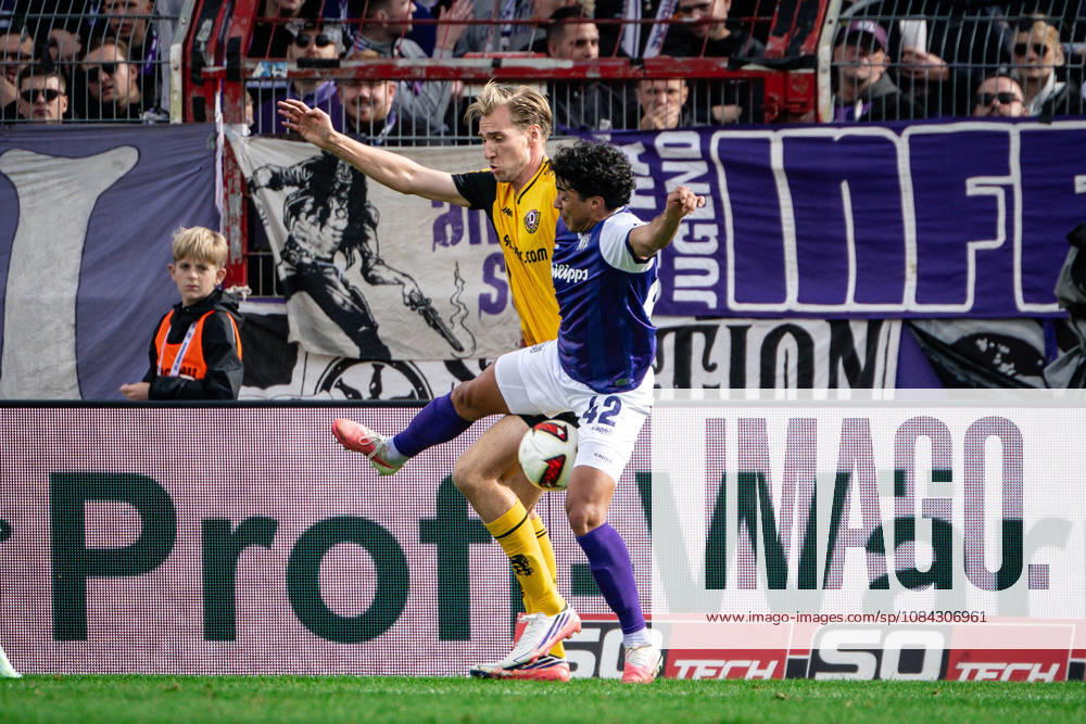 Jonathan Gomez 42 (Osnabrück) in a tackle with Vincent Vermeij 9 (Dresden), VfL Osnabrück vs. SG Dynamo Dresden, Soccer, 2. Bundesliga, Matchday 7, October 10, 2026. DFL regulations prohibit any use of photographs as image sequences and or quasi-video. Osnabrück, Lower Saxony, Germany