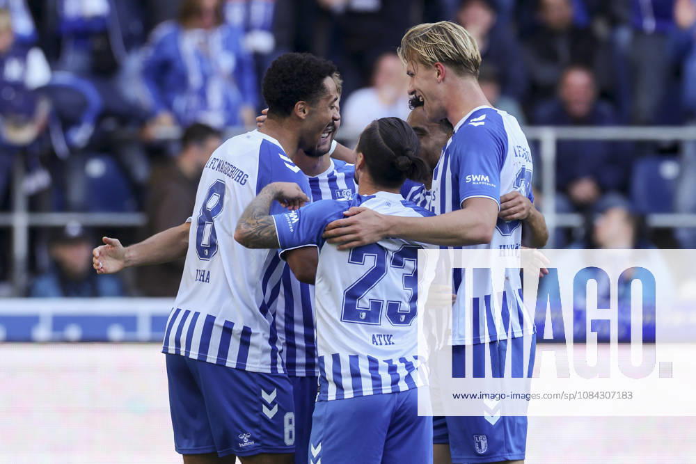 Emmanuel Iyoha of 1 FC Magdeburg celebrates his goal with his teammates during the 2. Bundesliga match between 1 FC Magdeburg and Hannover 96, Avnet Arena on October 10, 2026, in Magdeburg, Germany. Photo by Marco Steinbrenner, DeFodi Images. Emmanuel Iyoha of 1 FC Magdeburg celebrates his goal with teammates during the 2nd Bundesliga match between 1 FC Magdeburg and Hannover 96 at Avnet Arena on October 10, 2026 in Magdeburg, Germany. Photo by Marco Steinbrenner, DeFodi Images. DFB and DFL regulations prohibit any use of photographs as image sequences and or quasi-video. Photo by Marco Steinbrenner, DeFodi Images.