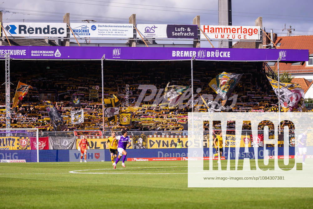 SG Dynamo Dresden fans in the visitors section, GER, VfL Osnabrück vs. SG Dynamo Dresden, soccer, 2. Bundesliga, Matchday 7, 2026–2027 season, October 10, 2026 DFL regulations prohibit the use of photographs as image sequences and or quasi-video GER, VfL Osnabrück vs. SG Dynamo Dresden, soccer, 2. Bundesliga, Matchday 7, 2026–2027 season, October 10, 2026, Osnabrück