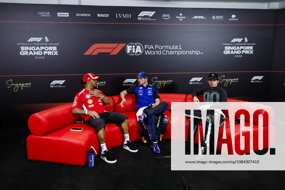 F1 - SINGAPORE GRAND PRIX 2026 Post Sprint Race, press conference, PK, Pressekonferenz HAMILTON Lewis (gbr), Scuderia Ferrari SF-26, VERSTAPPEN Max (nld), Red Bull Racing Ford RB22, LECLERC Charles (mco), Scuderia Ferrari SF-26, portrait during the 2026 Formula 1 Singapore Grand Prix, 17th round of the 2026 Formula One World Championship, WM, Weltmeisterschaft from October 9 to 11, 2026 on the Marina Bay Street Circuit, in Singapore, Singapore - SingaporeSingapore