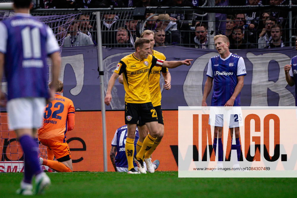 Goal celebration for the 0-1 by Niklas Hauptmann, 27, Dresden; VfL Osnabrück vs. SG Dynamo Dresden, Soccer, 2. Bundesliga, Matchday 7, October 10, 2026. DFL regulations prohibit any use of photographs as image sequences and or quasi-video. Osnabrück, Lower Saxony, Germany