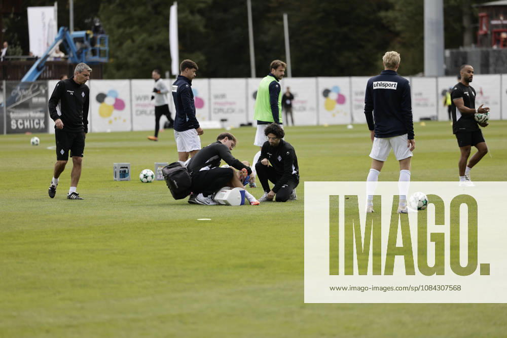 Soccer 3rd Division, SG Sonnenhof Grossaspach vs. SV Waldhof Mannheim; Diego Michel of SV Waldhof Mannheim, 28, needs medical attention during warm-ups; ankle injury in Aspach