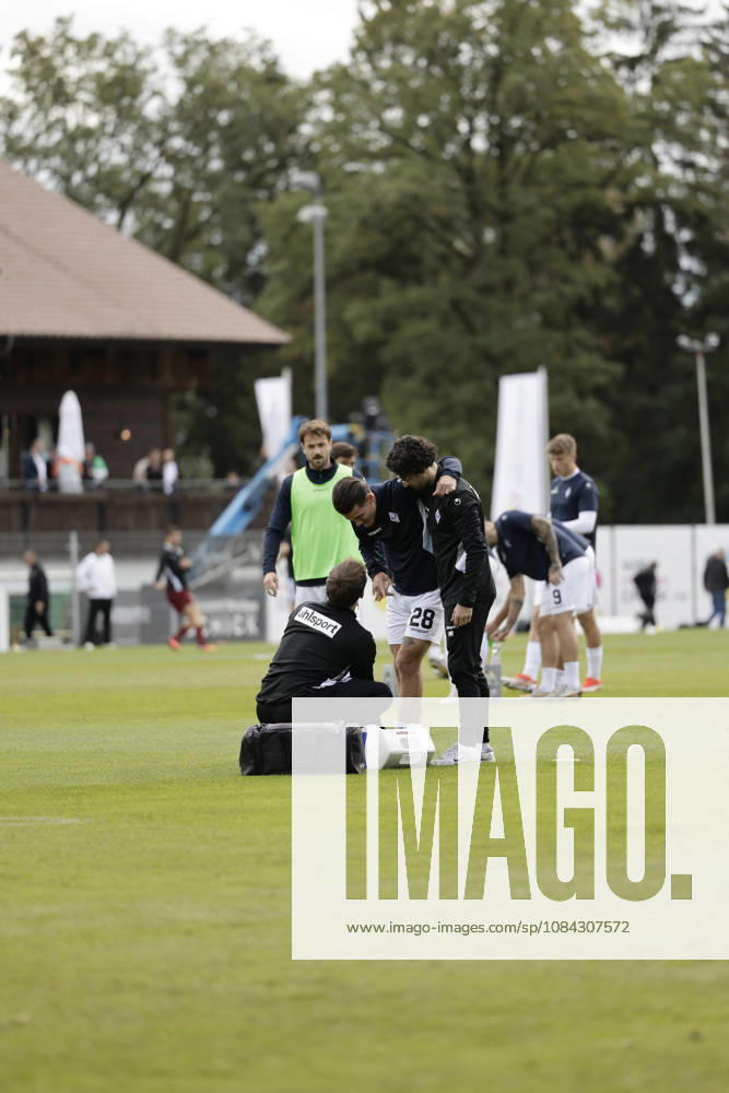 Soccer 3rd Division, SG Sonnenhof Grossaspach vs. SV Waldhof Mannheim; Diego Michel of SV Waldhof Mannheim, 28, needs medical attention during warm-ups; ankle injury in Aspach