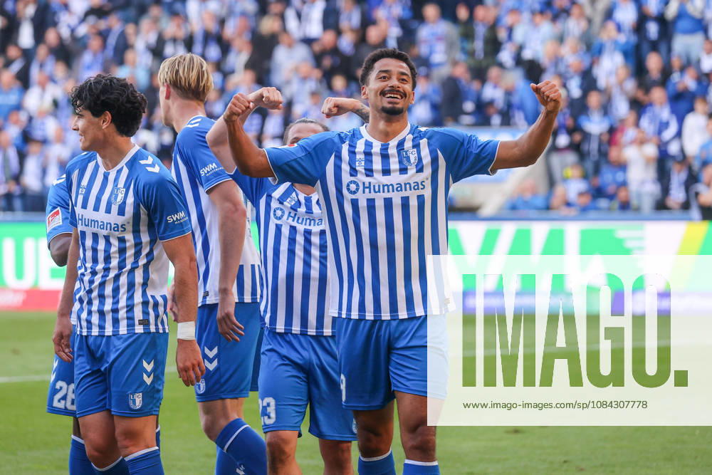 Soccer, 2. Bundesliga, 1. FC Magdeburg vs. Hannover 96,, from left: Celebrations after Emmanuel Iyoha’s 2-0 goal for Magdeburg, 8 DFL and DFB regulations prohibit any use of photographs as image sequences and or quasi-video. Magdeburg