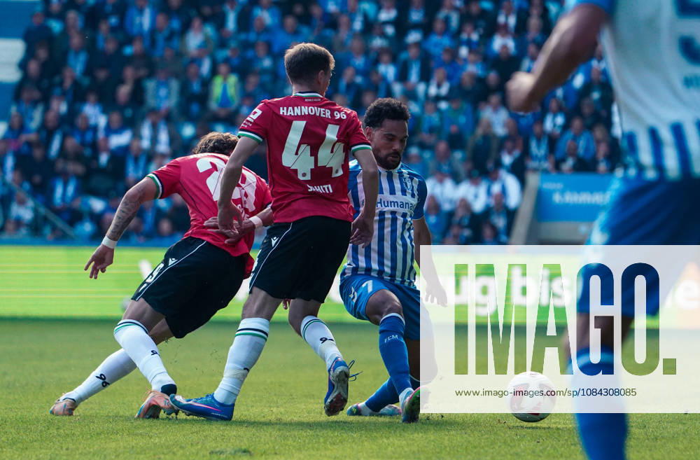 Germany Soccer 2. Bundesliga 2026–2027, Matchday 7: 1. FC Magdeburg vs. Hannover 96 at Avnet Arena Magdeburg; a tackle between Herbert Bockhorn (1. FC Magdeburg) and Emir Sahiti (Hannover 96); 44th minute; Avnet Arena, Magdeburg, Lower Saxony, Germany