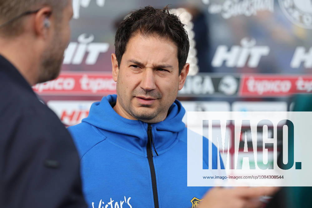 Soccer, SC Fortuna Köln vs. 1 FC Saarbrücken, 3rd Division, South Division, Matchday 8, 2026–2027 Season: Head Coach Argirios Giannikis of 1 FC Saarbrücken in an interview. DFB regulations prohibit any use of photographs as image sequences and or quasi-video. North Rhine-Westphalia, Germany